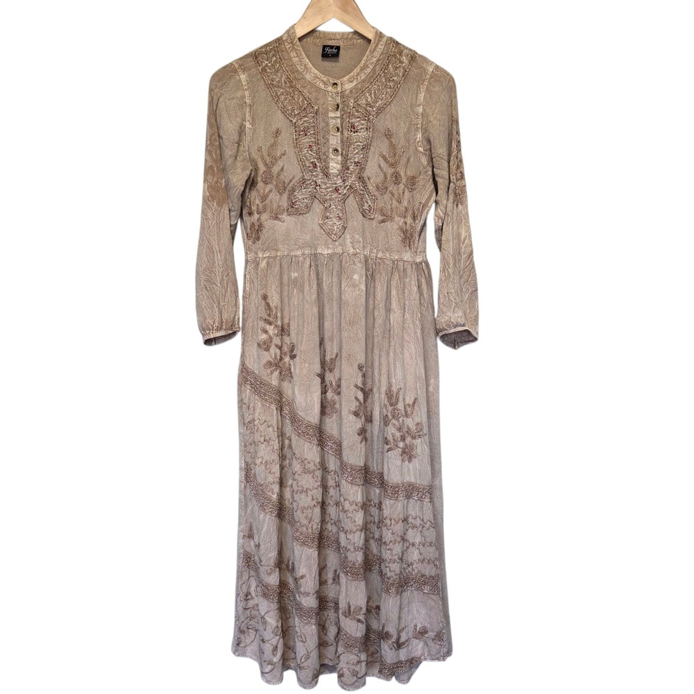 Farha Fashion Embroidered‎ Maxi Dress Beige Ethereal Romantic Boho Folk Size S